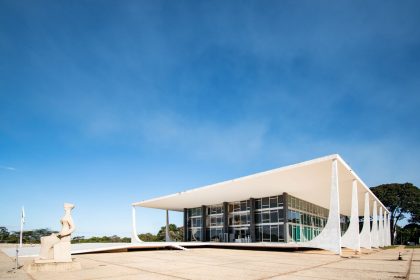 Vista externa do prédio modernista do Supremo Tribunal Federal, em Brasília, sob céu azul.